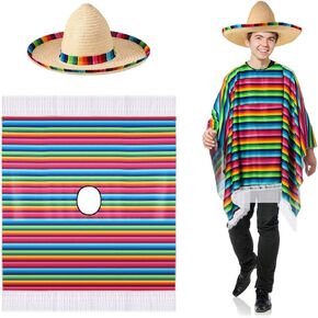 SATINIOR Mexican Serape Poncho Costume Mexican Sombrero with Rainbow Serape Edge and Band (Adult)