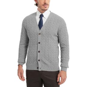 Kallspin Men's Pure Cotton Cable Knit Cardigan V-Neck Sweater Classic Casual Knitwear with Buttons