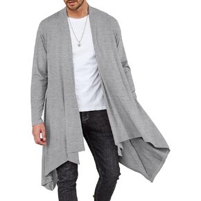 COOFANDY Men's Long Cardigan Ruffle Shawl Collar Lightweight Open Front Drape Cape Overcoat with Pockets