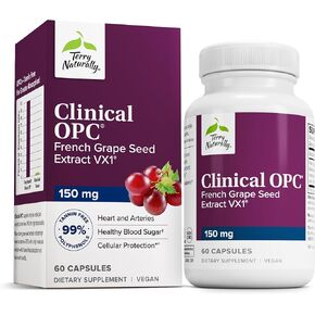 Terry Naturally Clinical OPC 150 مجم - 60 كبسولة نباتية - مكمل مستخلص بذور العنب الفرنسي - مضاد للأكسدة - غير معدل وراثيًا، خالي من الغلوتين - 60 وجبة