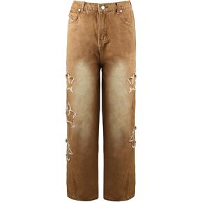 Womens Pentagram Patch Jeans Y2k Baggy Jeans High Waist Straight Wide Leg Denim Pants Vintage Trousers