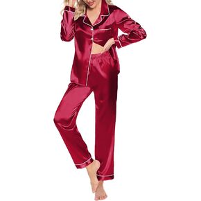 Samring Women's Silk Satin Pajamas Set Long Sleeve Sleepwear Two Piece Button Down Pj Set with Pockets S-XXL