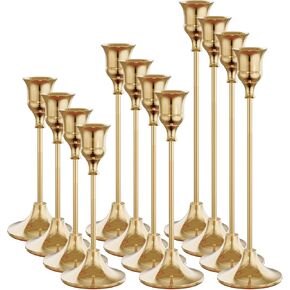 Set of 12 French Gold Candle Holders for Taper, Vintage Candlestick Holder Decorative Metal Candle Sticks Home Decor Centerpieces for Table Mantel Festive Decorations