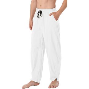 perdontoo Men's Linen Cotton Loose Fit Casual Lightweight Elastic Waist Summer Beach Pants