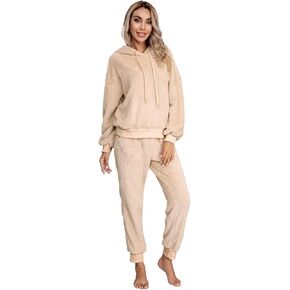 SIAEAMRG Womens Fuzzy Sherpa Fleece Pajamas Set, Long Sleeve Hoodies Pajama Pants 2 Piece Outfits Loungewear Sleepwear