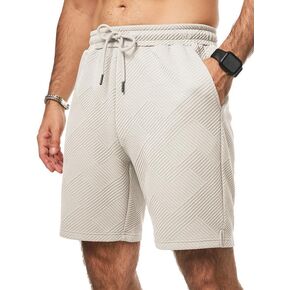 Mens Shorts Casual Elastic Waist Drawstring Geometric Texture Short Summer Beach Vacation Shorts with Pockets