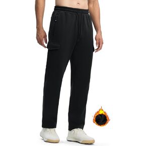 TBMPOY Men's Fleece Lined Sweatpants Winter Straight Leg Open Bottom Warm Cargo Pockets Cotton Running Lounge