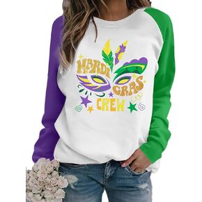 Mardi Gras Shirts for Women: Fat Tuesday Tshirts Funny Mask Graphic Tees Carnival Outfit Long Sleeve Sequin Party Tops
