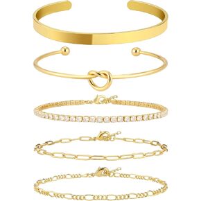 Gold Bracelet for Women Stack 14K Real Gold Plated Bangle Cuff Bracelet Set Gold Beaded Tennis Paperclip Cuban Link Chain Bracelets for Women Trendy Non Tarinish