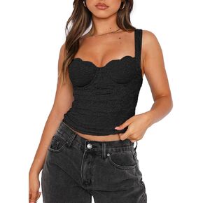 REORIA Women's Summer Sexy Square Neck Sleeveless Going Out Trendy Lace Bustier Tank Crop Tops