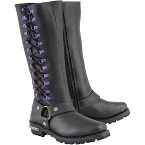 Milwaukee Leather Women's Black 14-inch Leather Harness Motorcycle Boots with Purple Accent Lacing MBL9366-8.5