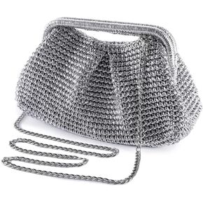 Women's Evening Bag Woven with leather gold threads Clutch Purse Detachable Chain Crossbody Bag