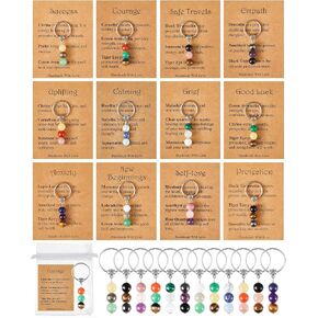 Sureio 12 Set Healing Crystal Keychain Gift Bulk Christmas Healing Gemstone Keychain New Beginnings Good Luck Bead Stones Anxiety Relief Gift for Women Men Coworker Friends with Card Organza Bag