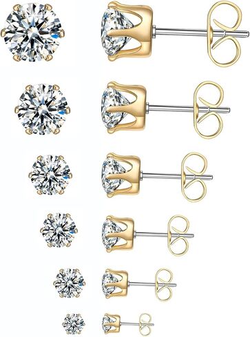 مجموعة 6 أزواج من الأقراط المرصعة، أقراط مكعبة شفافة من الفولاذ المقاوم للصدأ 316L من الزركونيا للنساء والرجال 3-8 مم in Kuwait