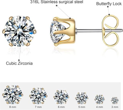 مجموعة 6 أزواج من الأقراط المرصعة، أقراط مكعبة شفافة من الفولاذ المقاوم للصدأ 316L من الزركونيا للنساء والرجال 3-8 مم in Kuwait