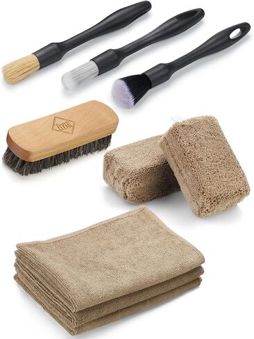 Fantasticlean 9PCS Car Interior Detailing Set, Microfiber Cloth & Applicator, Single-Head Detailing Brushes, Natural Bristles, Scratch-Free & Ultra-Soft for Seats Leather Care or Cleaning in Kuwait