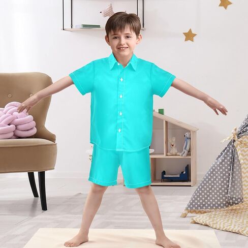 3T Toddler Boy Shorts Set Teal Hawaiian Button Down Shirts Summer Outfits for Little Boy in Kuwait