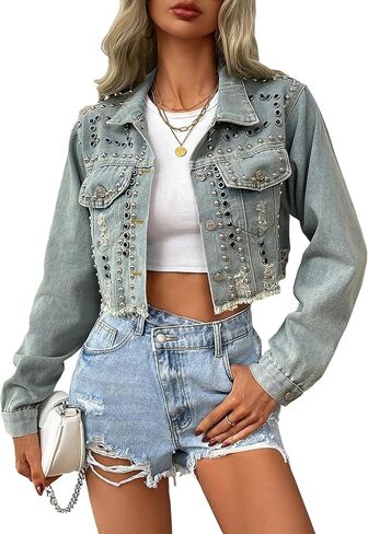 Women's Rivet Studded Denim Jacket Cropped Washed Pearl Short Jean Coat in Kuwait
