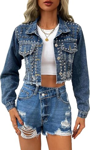 Women's Rivet Studded Denim Jacket Cropped Washed Pearl Short Jean Coat in Kuwait