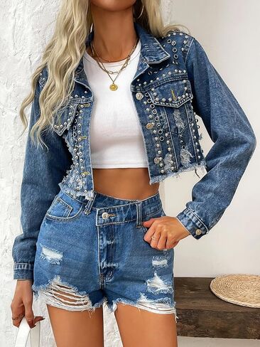 Women's Rivet Studded Denim Jacket Cropped Washed Pearl Short Jean Coat in Kuwait