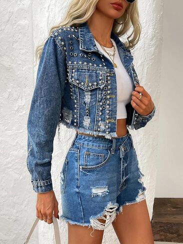 Women's Rivet Studded Denim Jacket Cropped Washed Pearl Short Jean Coat in Kuwait