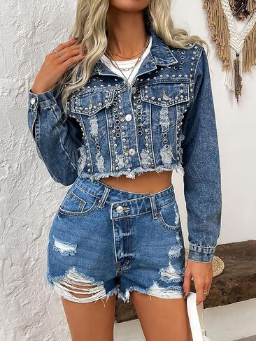 Women's Rivet Studded Denim Jacket Cropped Washed Pearl Short Jean Coat in Kuwait