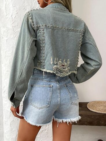 Women's Rivet Studded Denim Jacket Cropped Washed Pearl Short Jean Coat in Kuwait