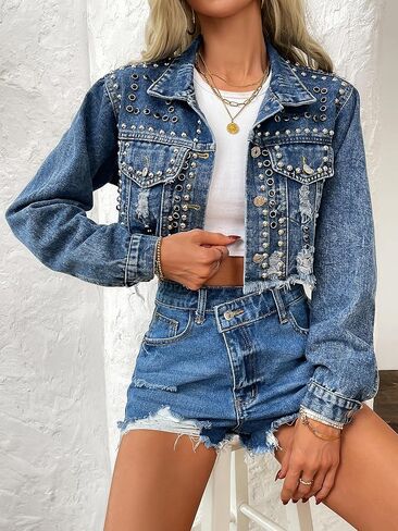 Women's Rivet Studded Denim Jacket Cropped Washed Pearl Short Jean Coat in Kuwait