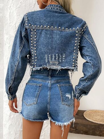 Women's Rivet Studded Denim Jacket Cropped Washed Pearl Short Jean Coat in Kuwait