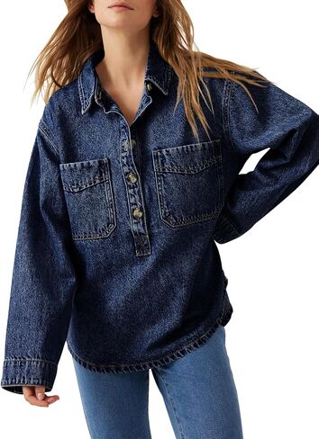 Tankaneo Womens Long Sleeve Denim Tops Casual V Neck Button Down Loose Fit Pullover Jean Shirts in Saudi Arabia