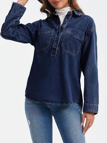 Tankaneo Womens Long Sleeve Denim Tops Casual V Neck Button Down Loose Fit Pullover Jean Shirts in Saudi Arabia