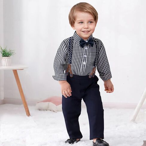 Yilaku Baby Boys Dress Clothes Formal Wedding Outfits Suspender + Bow Tie + Shirt + Pants 4Piece Infant Gentleman Suits in Kuwait