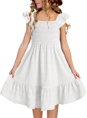 Girls Summer Dresses Cute Double Layer Ruffle Sleeve Smocked Flowy Dress 6-15 Years in Saudi Arabia