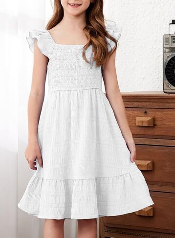 Girls Summer Dresses Cute Double Layer Ruffle Sleeve Smocked Flowy Dress 6-15 Years in Saudi Arabia