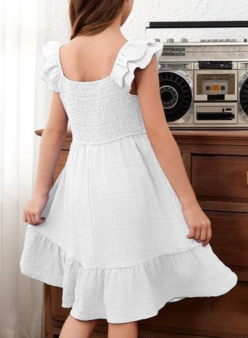 Girls Summer Dresses Cute Double Layer Ruffle Sleeve Smocked Flowy Dress 6-15 Years in Saudi Arabia