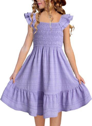 Girls Summer Dresses Cute Double Layer Ruffle Sleeve Smocked Flowy Dress 6-15 Years in Saudi Arabia