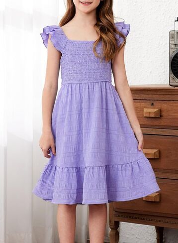 Girls Summer Dresses Cute Double Layer Ruffle Sleeve Smocked Flowy Dress 6-15 Years in Saudi Arabia
