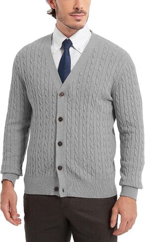 Kallspin Men's Pure Cotton Cable Knit Cardigan V-Neck Sweater Classic Casual Knitwear with Buttons in Saudi Arabia