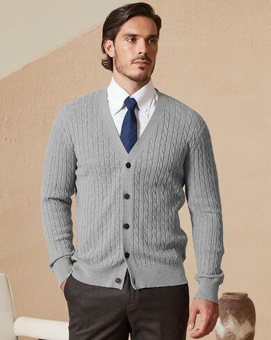 Kallspin Men's Pure Cotton Cable Knit Cardigan V-Neck Sweater Classic Casual Knitwear with Buttons in Saudi Arabia