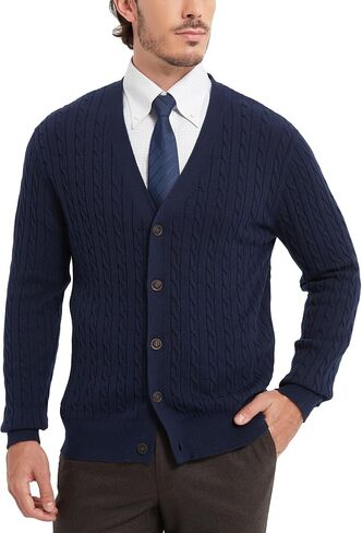 Kallspin Men's Pure Cotton Cable Knit Cardigan V-Neck Sweater Classic Casual Knitwear with Buttons in Saudi Arabia