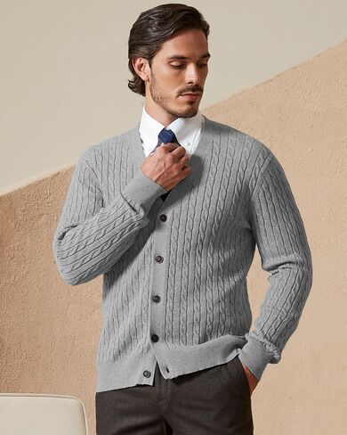Kallspin Men's Pure Cotton Cable Knit Cardigan V-Neck Sweater Classic Casual Knitwear with Buttons in Saudi Arabia