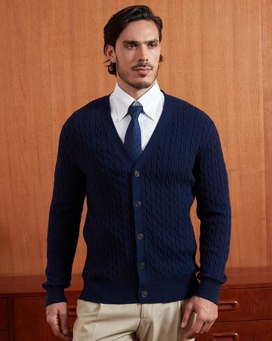 Kallspin Men's Pure Cotton Cable Knit Cardigan V-Neck Sweater Classic Casual Knitwear with Buttons in Saudi Arabia