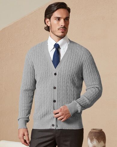 Kallspin Men's Pure Cotton Cable Knit Cardigan V-Neck Sweater Classic Casual Knitwear with Buttons in Saudi Arabia