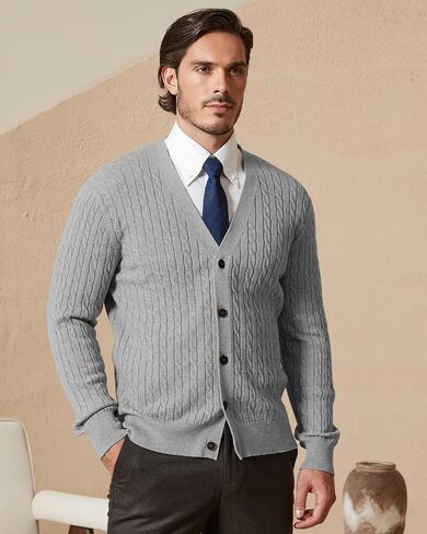 Kallspin Men's Pure Cotton Cable Knit Cardigan V-Neck Sweater Classic Casual Knitwear with Buttons in Saudi Arabia