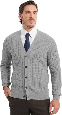 Kallspin Men's Pure Cotton Cable Knit Cardigan V-Neck Sweater Classic Casual Knitwear with Buttons in Saudi Arabia