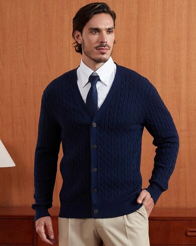 Kallspin Men's Pure Cotton Cable Knit Cardigan V-Neck Sweater Classic Casual Knitwear with Buttons in Saudi Arabia
