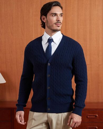 Kallspin Men's Pure Cotton Cable Knit Cardigan V-Neck Sweater Classic Casual Knitwear with Buttons in Saudi Arabia