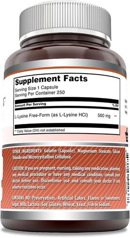 صيغ مذهلة L-Lysine 500 ملغ، 250 كبسولة مكملة للأحماض الأمينية | غير معدلة وراثيًا | خالي من الغلوتين | صنع في الولايات المتحدة الأمريكية in Kuwait
