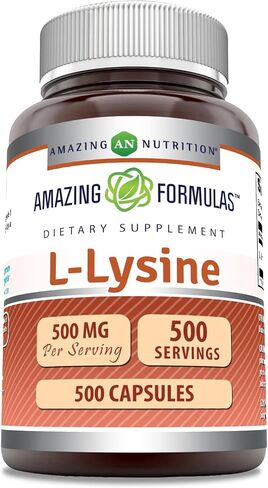 صيغ مذهلة L-Lysine 500 ملغ، 250 كبسولة مكملة للأحماض الأمينية | غير معدلة وراثيًا | خالي من الغلوتين | صنع في الولايات المتحدة الأمريكية in Kuwait