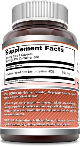 صيغ مذهلة L-Lysine 500 ملغ، 250 كبسولة مكملة للأحماض الأمينية | غير معدلة وراثيًا | خالي من الغلوتين | صنع في الولايات المتحدة الأمريكية in Kuwait